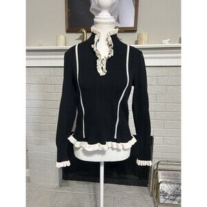 CAbi Womens Black Ribbed Ivory Ruffle Collar Whimsigoth Sweater Knit Top Size S